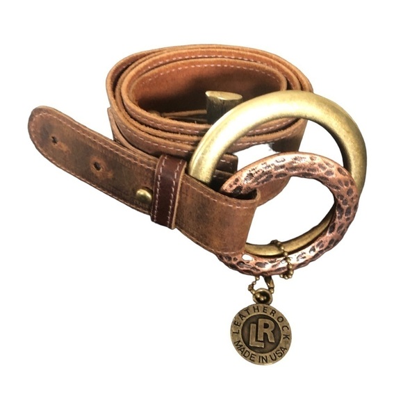 LEATHEROCK Distressed Leather Belt Large Double Round Two Tone 34” Brown - Picture 1 of 1